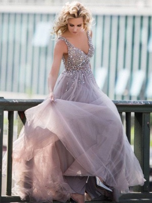 Rhinestones Beading Tulle Brilliant Sleeveless A-Line Deep-V-Neck Prom Dresses_3