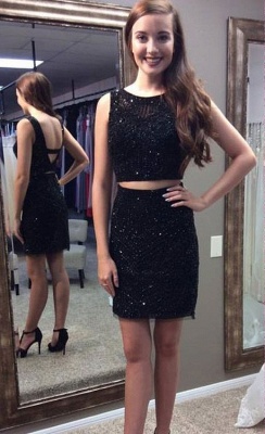 Delicate Two Piece Beading Bodycon Jewel Sleeveless Homecoming Dress_1