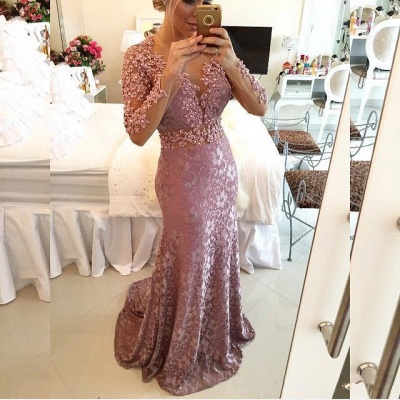 Delicate Lace Appliques Mermaid Long Sleeve Prom Dress_4