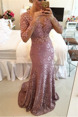 Delicate Lace Appliques Mermaid Long Sleeve Prom Dress_1