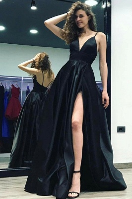 Sexy Black Spaghetti Strap A-line Front Split Prom Dress_1