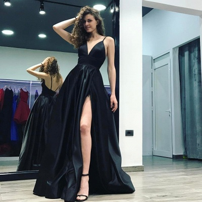 Sexy Black Spaghetti Strap A-line Front Split Prom Dress_3