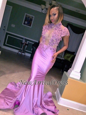 High-Neck Lilac Cap-Sleeve Mermaid Illusion Appliques Flowers Prom Dress_1