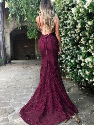 Simple Burgundy Lace Straps Sleeveless Mermaid Backless Prom Dress BA7196_4