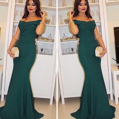 Dark Green Mermaid Evening Gowns Off the Shoulder Short Sleeves Ruched Long Formal Party Dresses_1