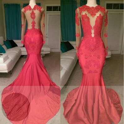 Glamorous Long Sleeve Red Prom Dresses Mermaid With Lace Appliques  BA8522_3