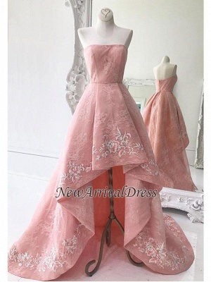 High-Low Strapless Custom Made A-line Embroidery Lace Exquisite Long Prom Dresses_1