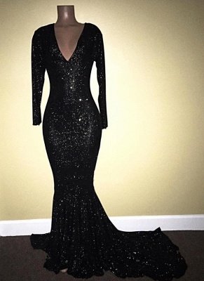 V-Neck Sequins Mermaid Long Sleeve Shiny Black Long Prom Dresses  | Black Prom Dresses_3