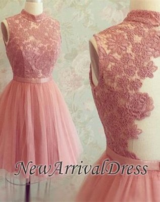 New Arrival High Neck Sleeveless Appliques Lace Mini Sexy Short Homecoming Dresses_1