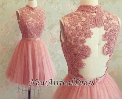 New Arrival High Neck Sleeveless Appliques Lace Mini Sexy Short Homecoming Dresses_3