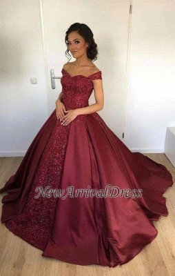 Appliques Lace Off-the-Shoulder Ball-Gown Burgundy Evening Dress_1