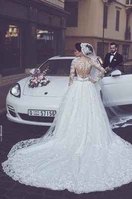 Elegante Langarm-Spitze Brautkleider Günstige Online | Durchsichtige Ballkleid-Brautkleider mit Domzug_3