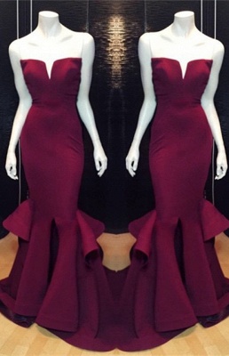 Marsala Burgundy Mermaid Long Prom Dresses Ruffles Notched Front Slit Formal Evening Gowns_3