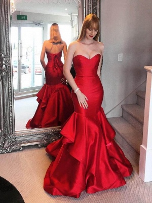Sweetheart Elegant Red Mermaid Tiered Ruffles Prom Dresses_2