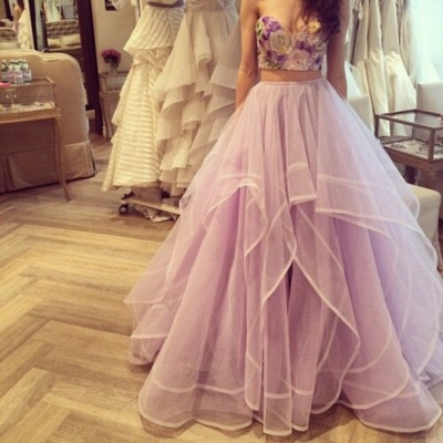 Robes de bal en deux pièces Appliques florales 3D Couches supérieures Tulle Lilas Longues robes de soirée junior_3