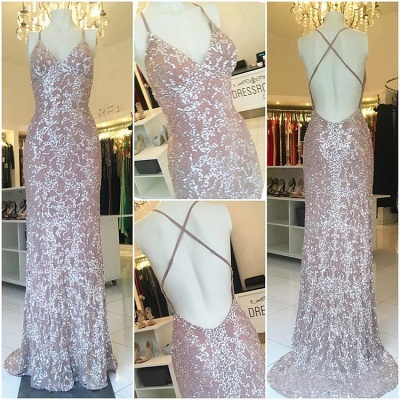 Elegant Luxurious Sweep Train Sheath Sequins Spaghetti Straps Evening Gowns_3