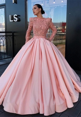 Long Sleeve Ball Gown Pink Prom Dress | Appliques Pink Evening Gowns_1