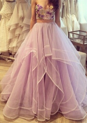 Two-Piece Prom Dresses 3D-Floral Appliques Top Layers Tulle Lilac Long Junior Evening Gowns_1