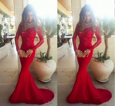 Lace ShoulderGowns the Evening Mermaid Red Sleeves Long Sexy Off Long Prom Dresses_3