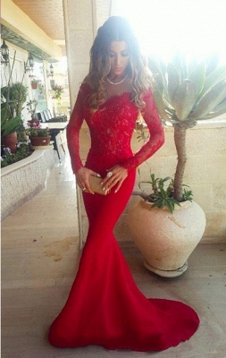 Lace ShoulderGowns the Evening Mermaid Red Sleeves Long Sexy Off Long Prom Dresses_2