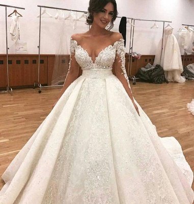 Long Sleeve Sexy Ball Gown Wedding Dresses | Sheer Tulle Lace Appliques  Bridal Gowns_3