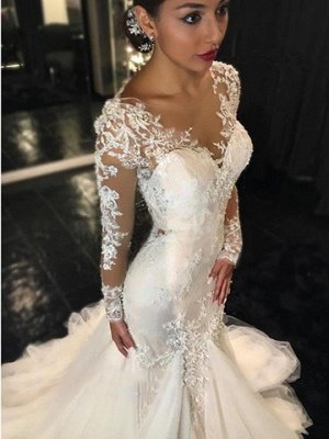 Sexy Mermaid Beading V-Neck See Through Lace Long Sleeve Wedding Dresses_4