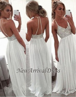 Open-Back A-Line Spaghetti-Strap Long Lace White Chiffon Summer Prom Dress BA2815_1