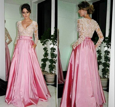 Glamorous Pink Long Sleeve Lace Appliques V-Neck Prom Dress With Zipper Back_3
