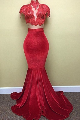 Red Velvet Cap Sleeves Lace High Neck Popular Mermaid Prom Dresses_2