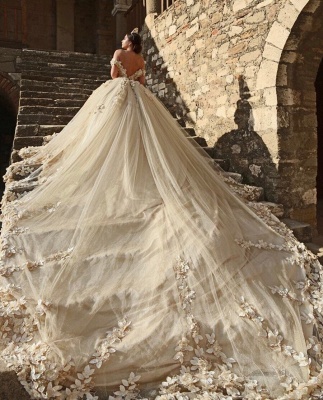 Hors De L'épaule Fleurs Magnifique Robe De Mariée Puffy Tulle Perlé Cristaux Robe De Bal Princesse Robe De Mariée_6