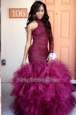 Sheath One-Sleeve Specail Tulle Latest Puffy High-Neck Lace Prom Dress_1