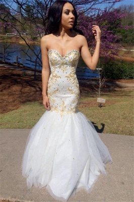 Sweetheart Gold Beading Mermaid Tulle Prom Dresses_3