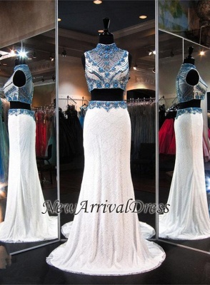 Lace Sleeveless Two-Piece High-Neck Gorgeous Zipper Crystals Evening Dress_3