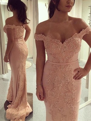 Newest Off-the-shoulder Bodycon Lace Sweep Train Prom Dress_1