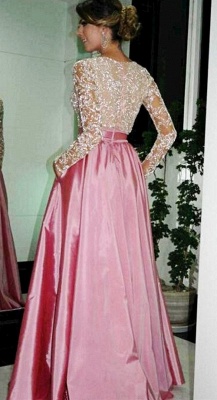 Glamorous Pink Long Sleeve Lace Appliques V-Neck Prom Dress With Zipper Back_2