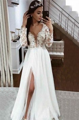 A-line Lace Appliques  Wedding Dresses | V-neck Side Split Long Sleeve Bridal Gowns_1