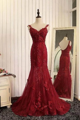 Tulle Mermaid Burgundy Prom Dresses Appliques Open Back Dresses Lace Evening Gowns_2