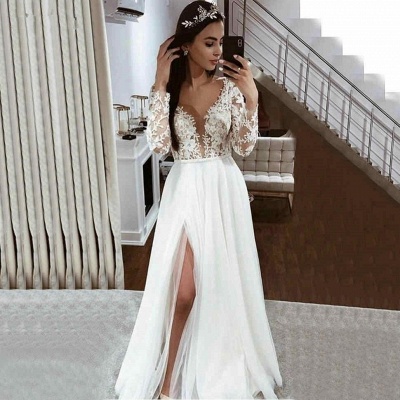 A-line Lace Appliques  Wedding Dresses | V-neck Side Split Long Sleeve Bridal Gowns_2