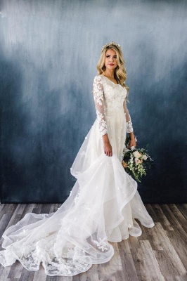 Elegant Appliques A-line Ruffles Wedding Dresses | Lace Long Sleeve Bridal Gowns Online_2