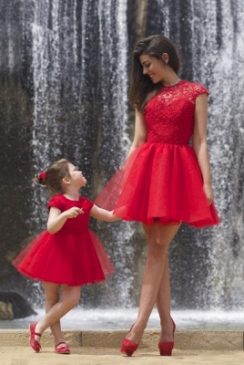 Lovely Red Lace Mother and Daughter Dress Tulle Short Cocktail Dress_3