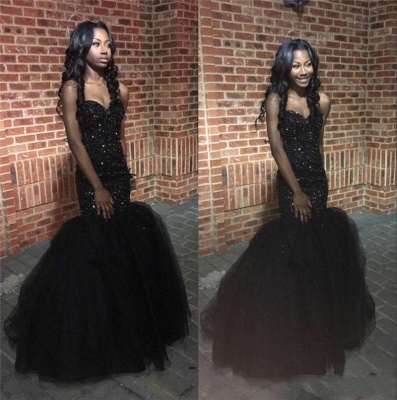 Sweetheart Black Mermaid Tulle Puffy Sequins Amazing Beaded Prom Dress_3