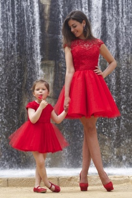 Lovely Red Lace Mother and Daughter Dress Tulle Short Cocktail Dress_1