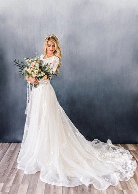 Elegant Appliques A-line Ruffles Wedding Dresses | Lace Long Sleeve Bridal Gowns Online_3