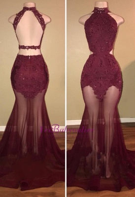 Burgundy Mermaid Sheer-Tulle High-Neck Lace-Appliques Prom Dresses_4