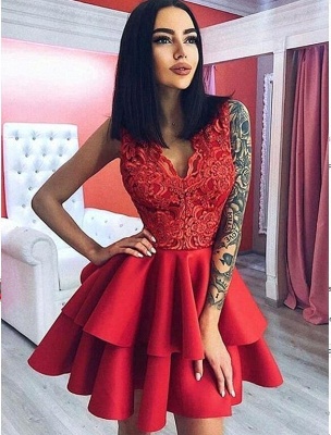 Modern Lace V-neck Red Ruffles Homecoming Dress | Short Party Gown_2