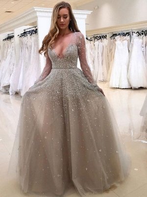 Popular Long Sleeve V-neck Beading A-line Prom Dress | Plus Size Prom Dress_1