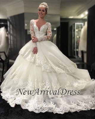 Trois couches à manches longues pas cher en ligne nouvelle arrivée dentelle appliques délicates robes de mariée élégantes robe de bal_1