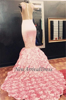 Pink Flowers-Bottom Lace Gorgeous Mermaid Sleeveless Appliques Illusion Prom Dresses_1
