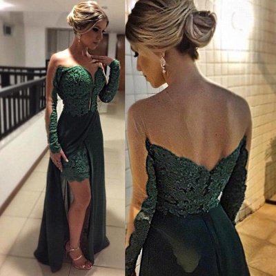 Elegante manga larga verde Vestidos de noche Falda Apliques largos de encaje_3