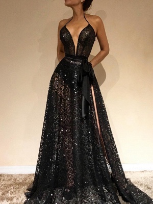 Sexy Sheer Evening Gowns | Halter Slit Prom Dresses with Sash_1